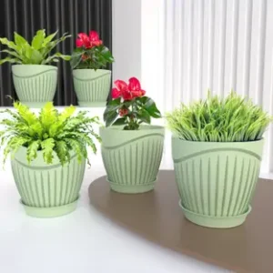 BELLERBIRD 5 Pack Round Flower Pots Outdoor Indoor Planters with Drainage Hole and Tray Plastic Vase (6.2 inch, Green)