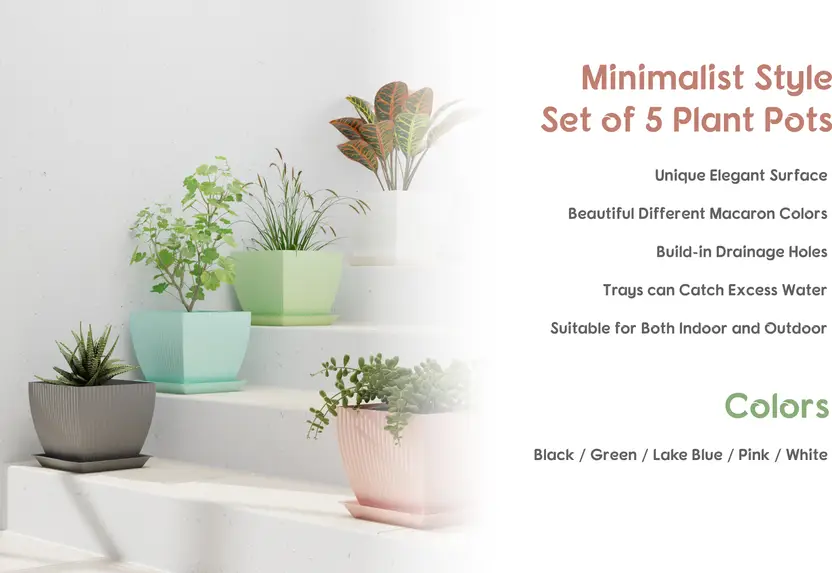 BELLERBIRD 6 inch Square Flower Pots Outdoor Indoor, Planters with Drainage Hole and Tray Plant Container Set (Pack of 5, Plastic) - Image 5